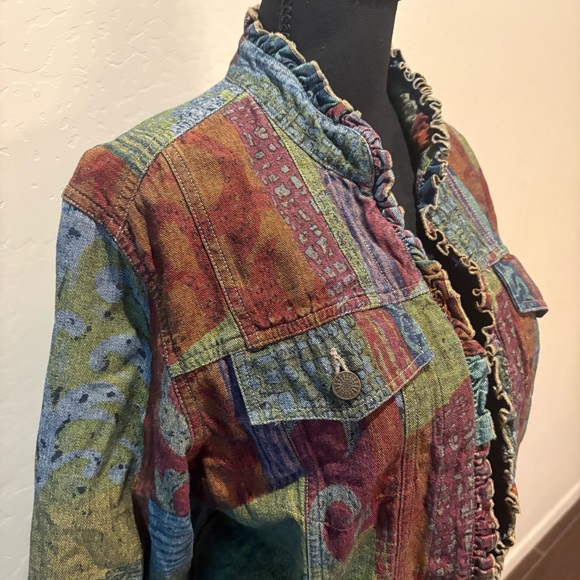 Colorful Denim Jacket with Ruffled Edges - Picture 3 of 7